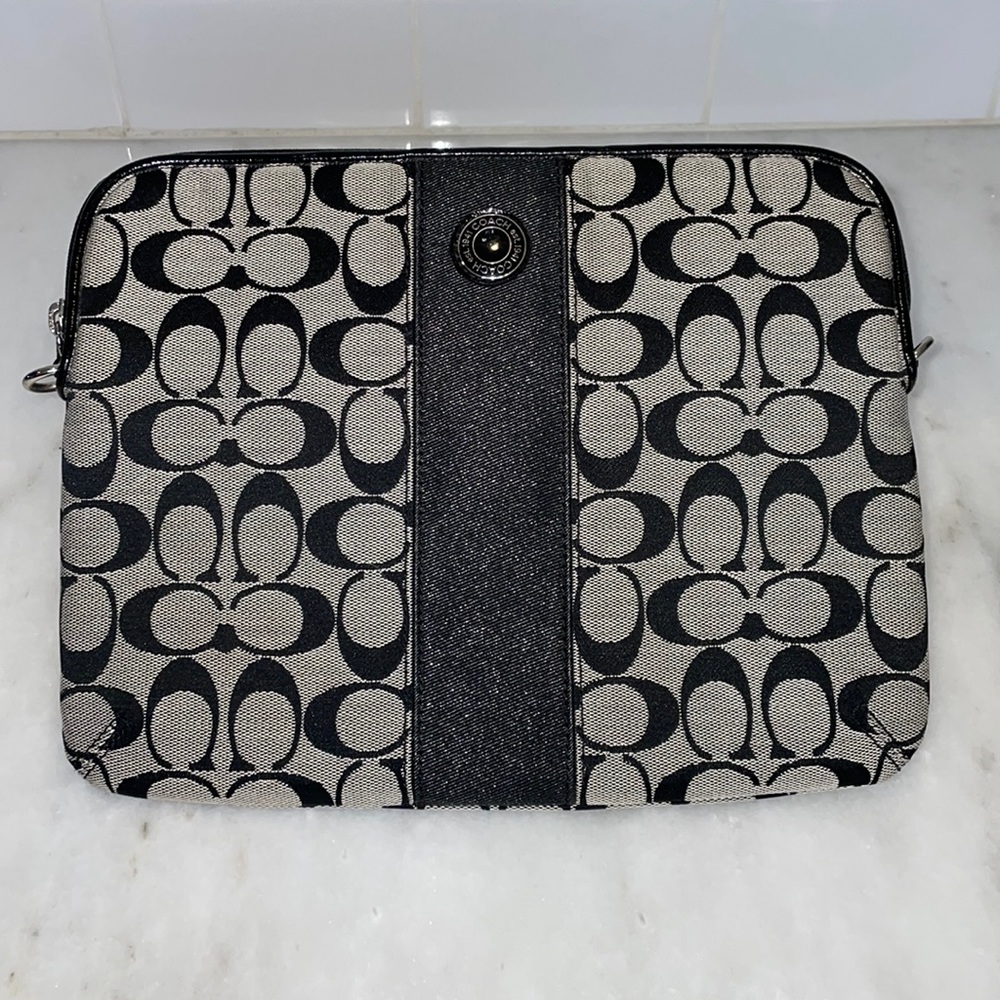 Coach Signature Stripe Jacquard Logo Tablet iPad Case with Crossbody Strap